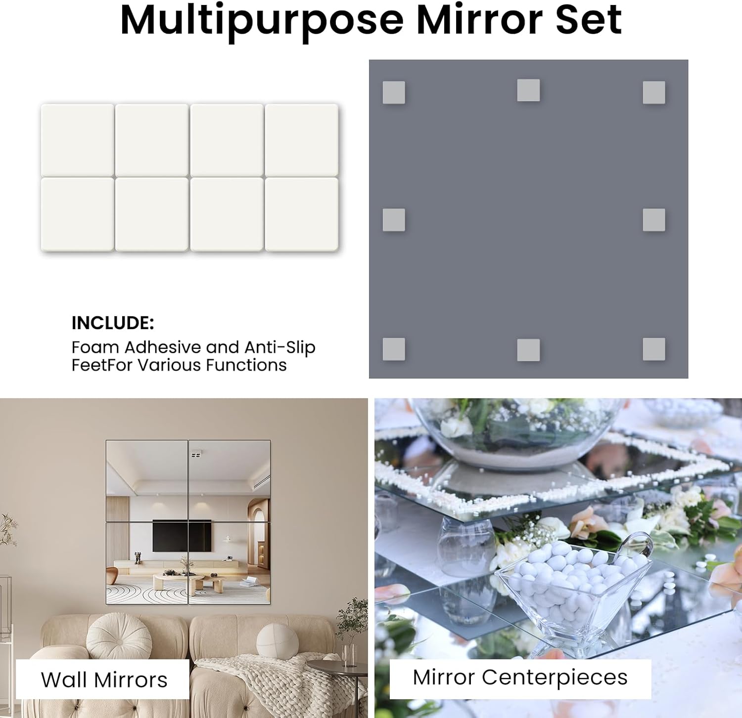 10 Square Mirror Centerpieces 12Pcs Set with Non-Slip Feet