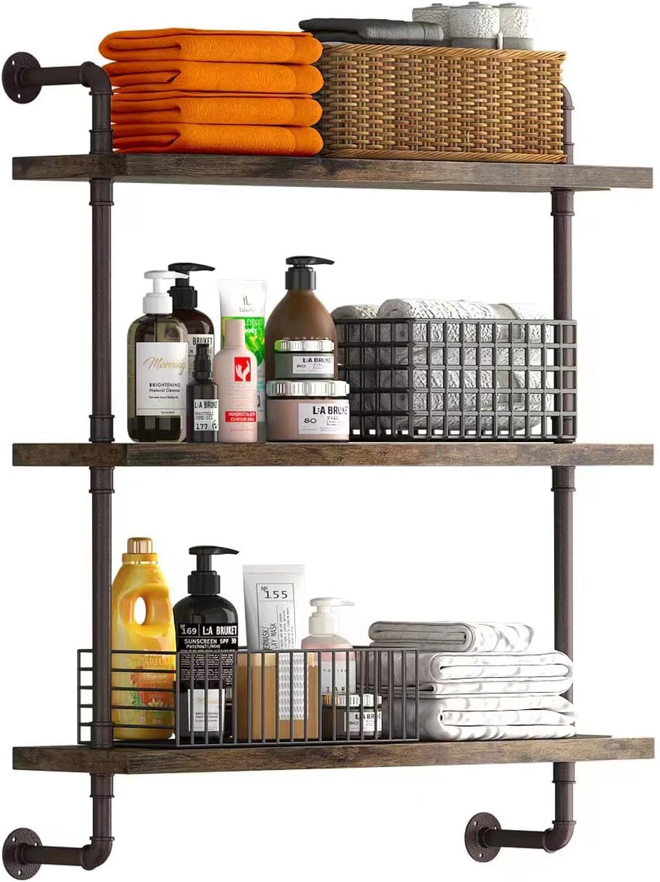 Helsin 3 Tier Industrial Pipe Shelf with Rustic Wood