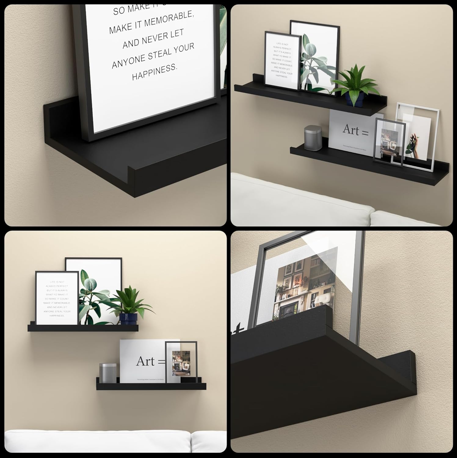 Boswillon Floating Shelves Set of 2 Modern Black Wall Shelves with Lip 1