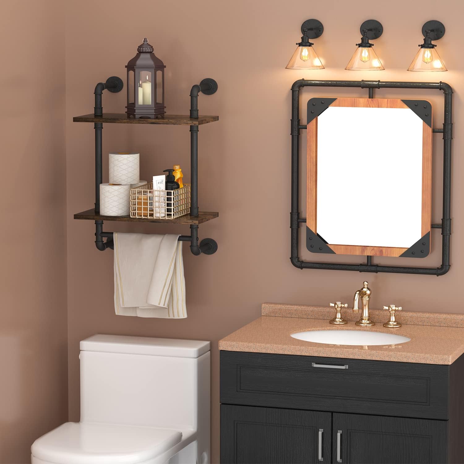 Helsin 2 Tier Industrial Pipe Floating Shelf with Towel Bar 1