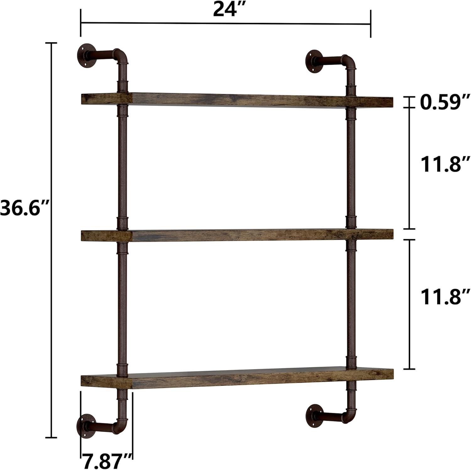 Helsin 3 Tier Industrial Pipe Shelf with Rustic Wood
