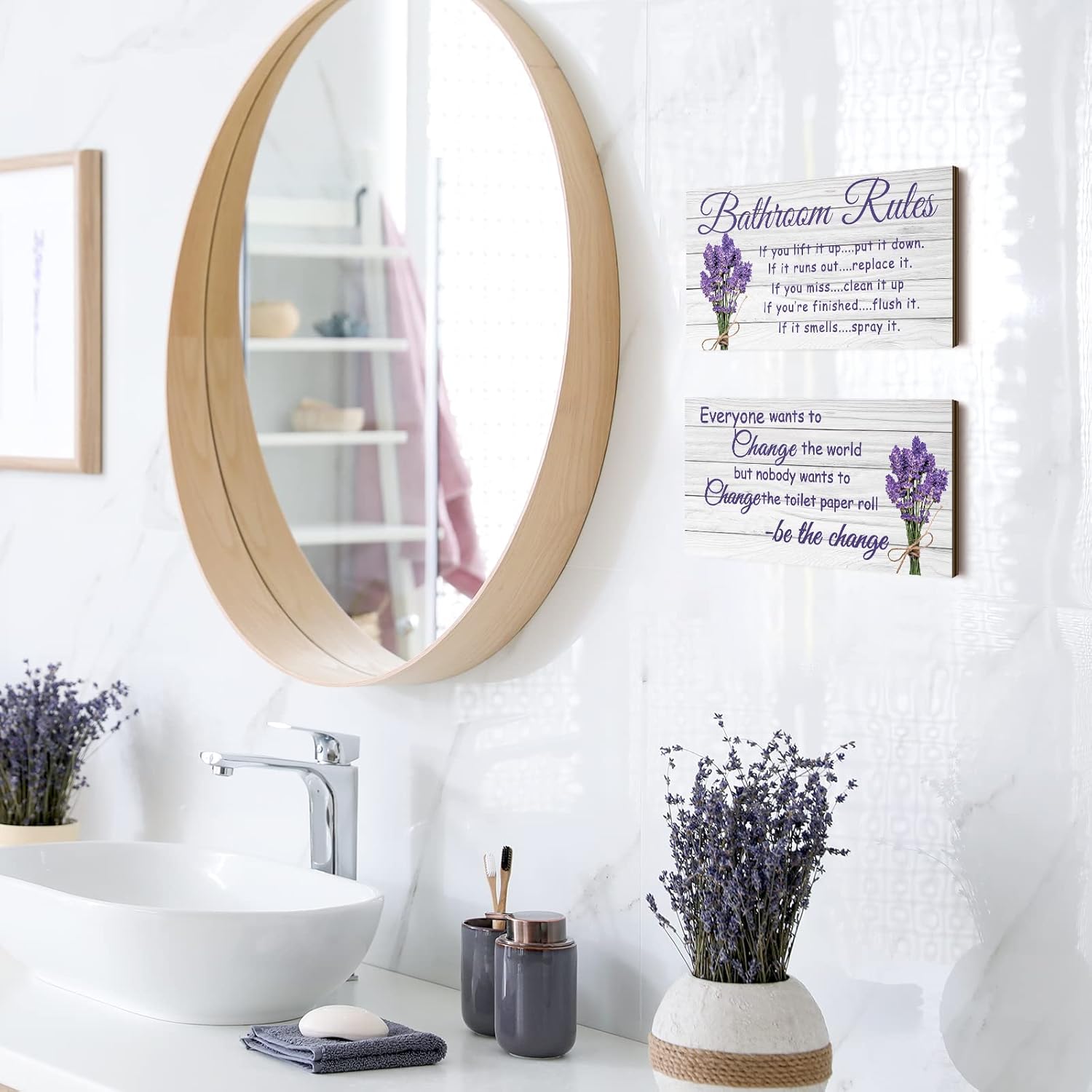 Jetec 2 Pieces Lavender Farmhouse Wooden Bathroom Signs
