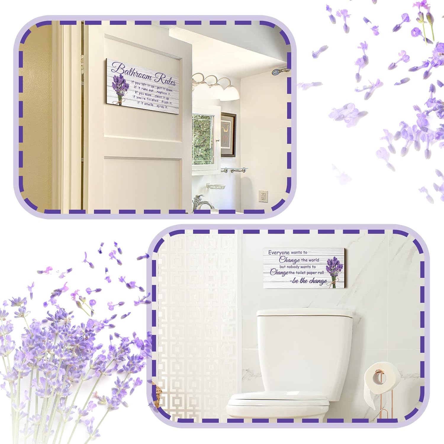 Jetec 2 Pieces Lavender Farmhouse Wooden Bathroom Signs