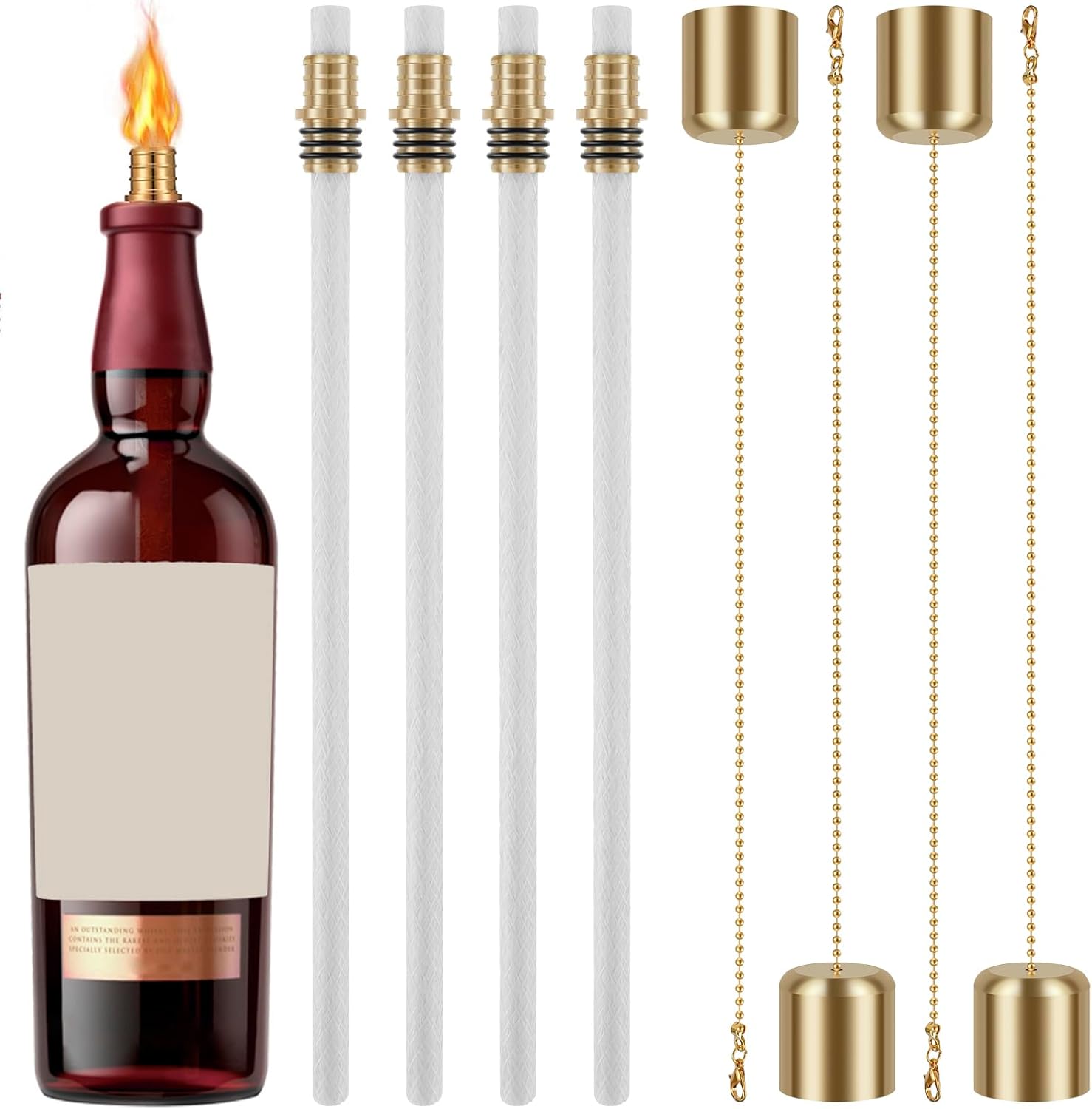 12 Pcs Wine Bottle Torch Wicks Kit with Brass Holders and Covers