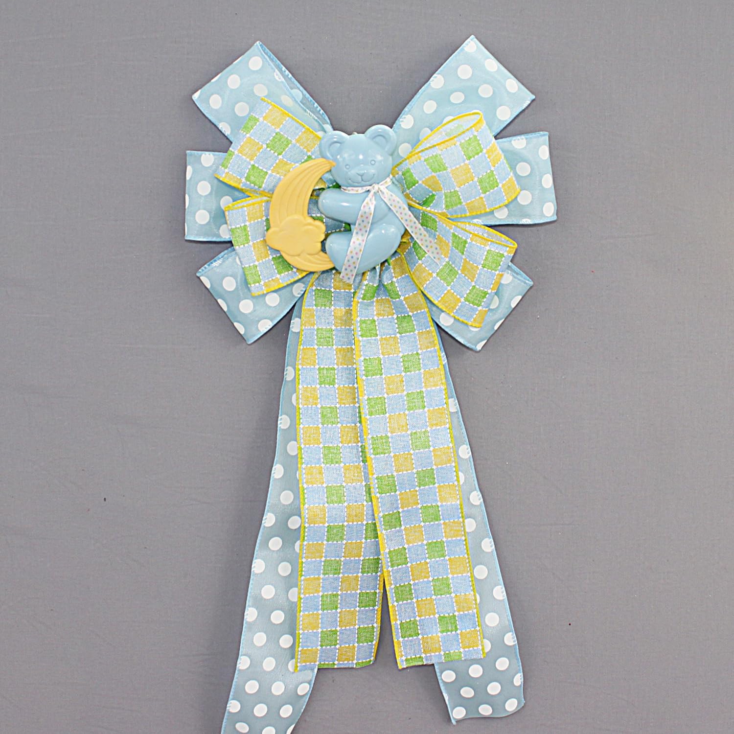 Blue Bear Rattle Dot Plaid Baby Shower Wreath Bow 1
