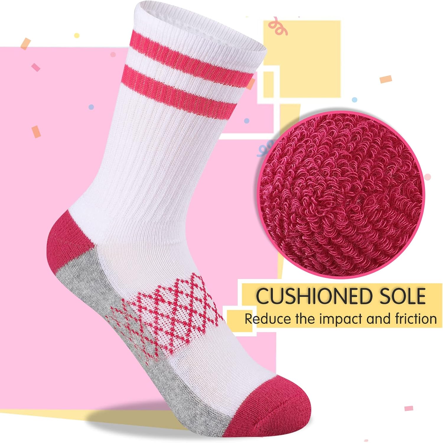 Comfoex Girls 6 Pair Athletic Half Cushioned Calf Socks