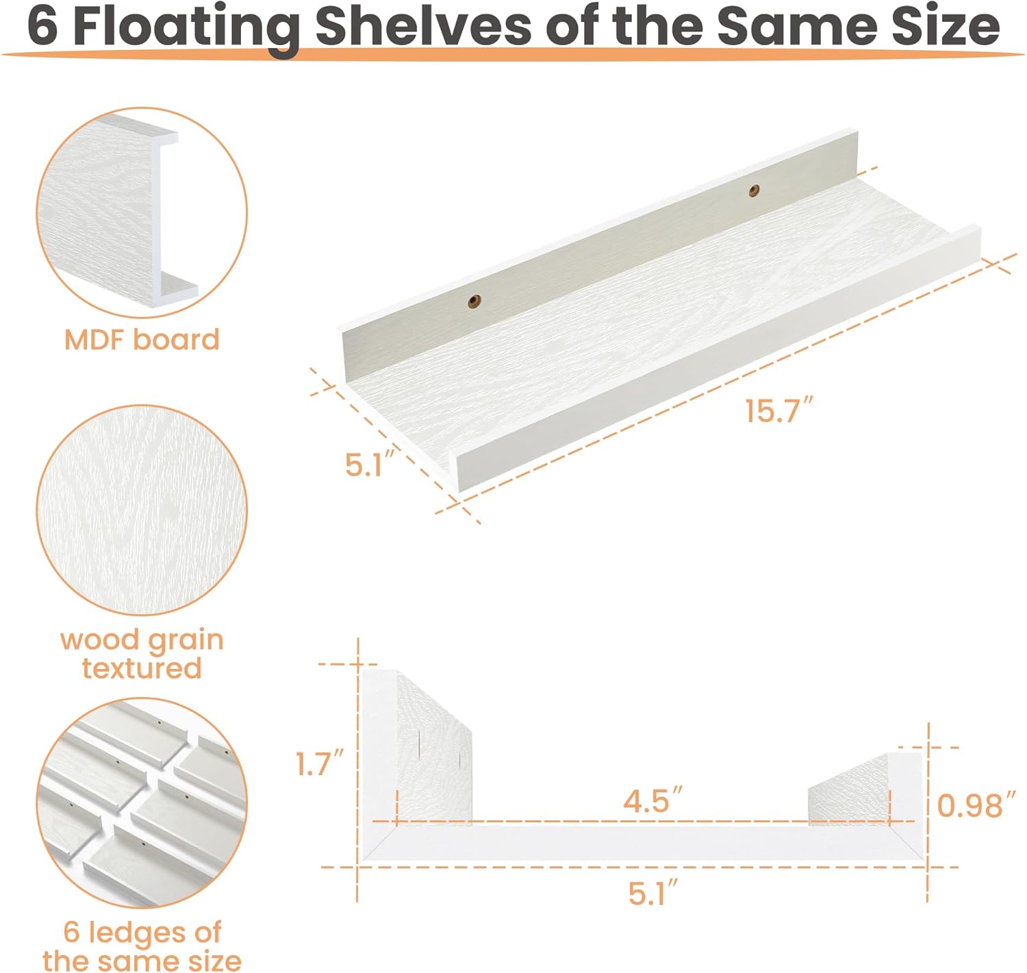 upsimples Floating Shelves Set of 6 White Wall Mounted Decor