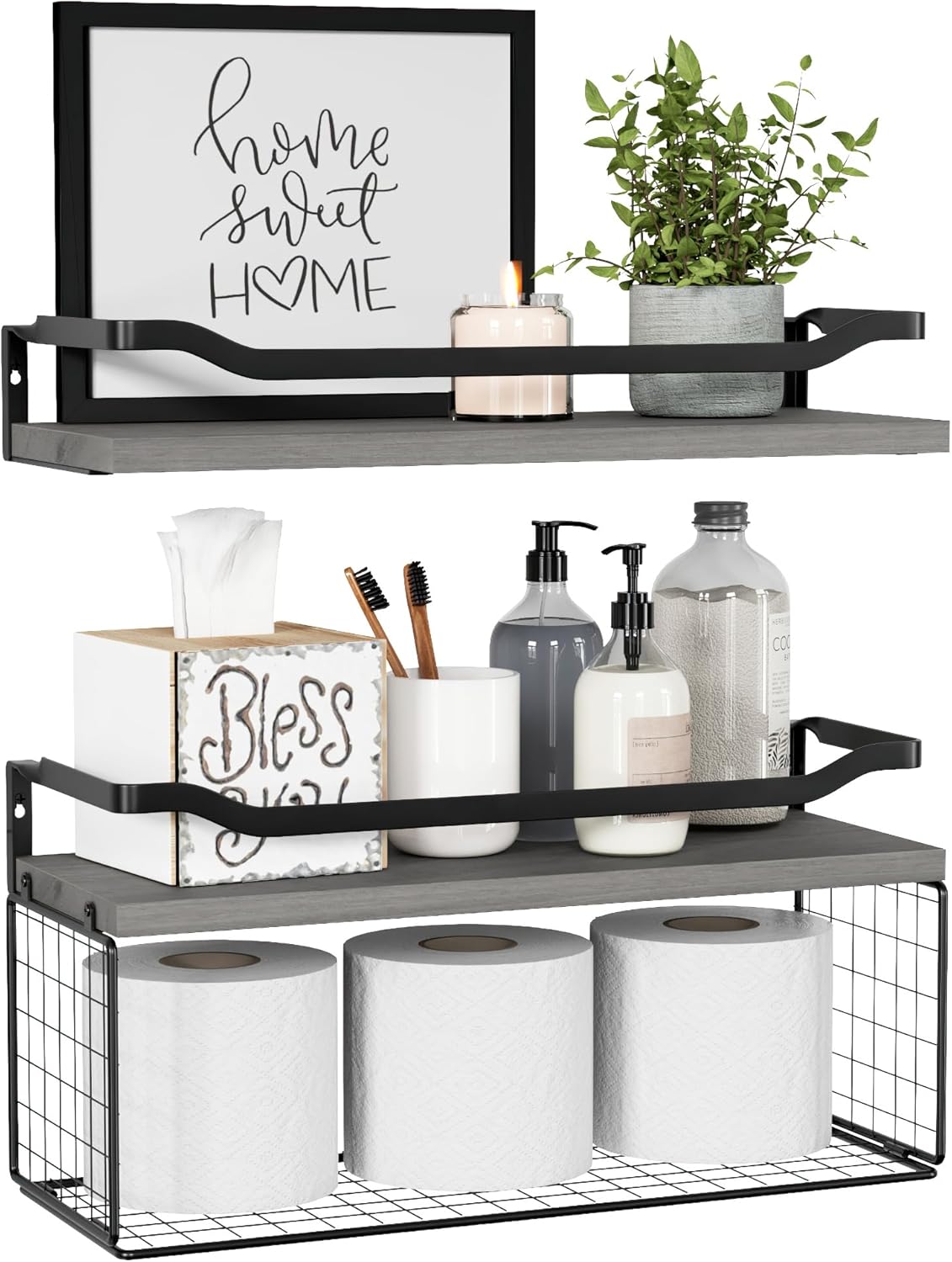 WOPITUES Floating Shelf with Wire Basket and Metal Guardrail