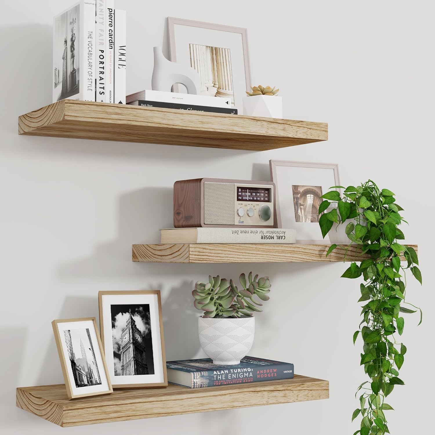 Marsmiles Wood Floating Shelves Set of 3 17 Inch Wide Rustic Carbonized Black
