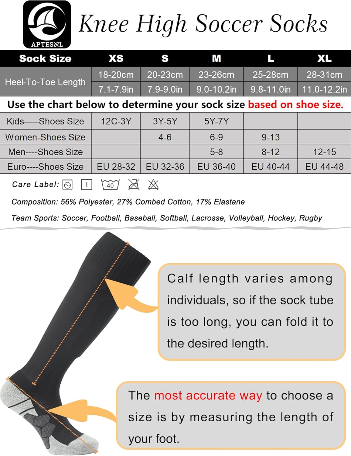 APTESOL Knee High Sport Socks 1-5 Pairs for All Ages