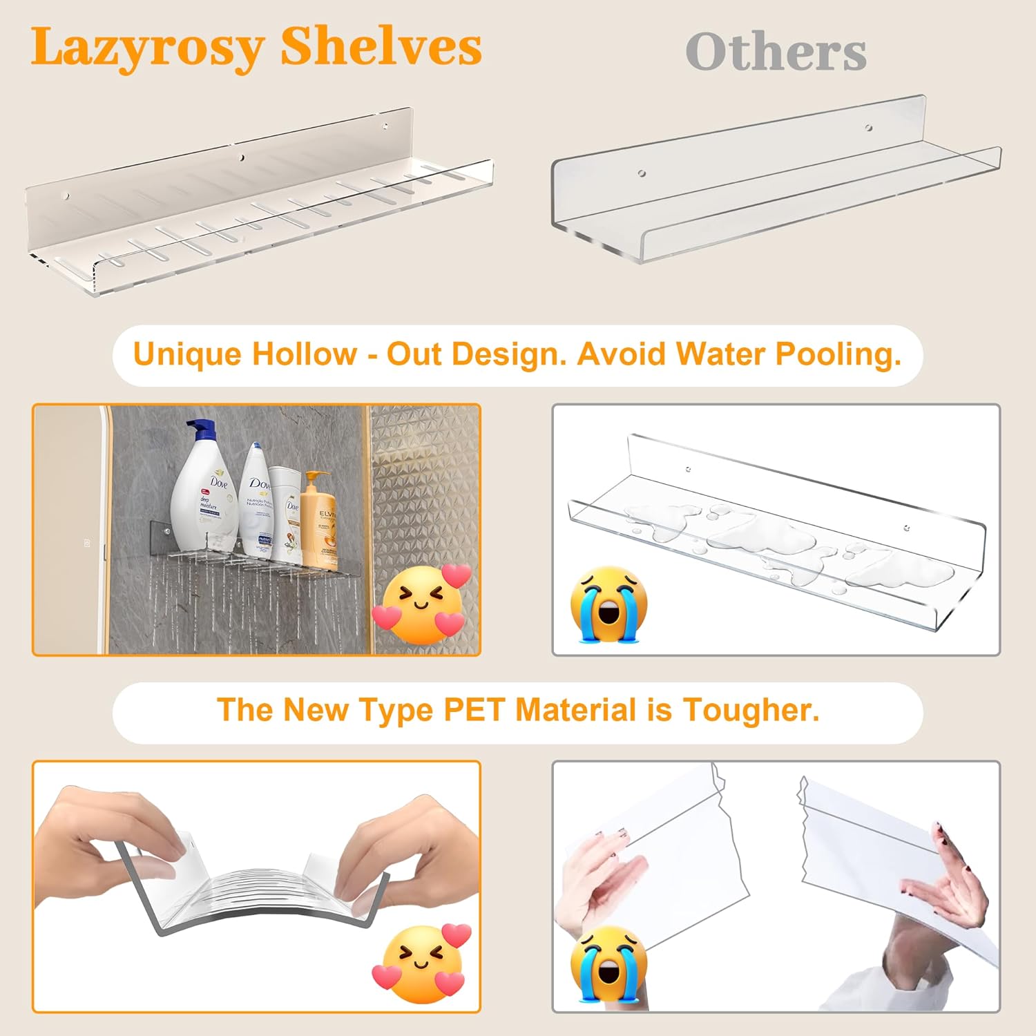 4-Pack Floating Shelves Wall Storage with Adhesive Hooks