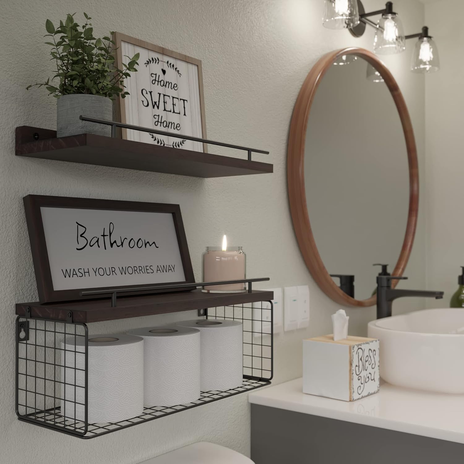 WOPITUES Floating Shelves Over Toilet with Basket and Guardrail - Rustic Brown