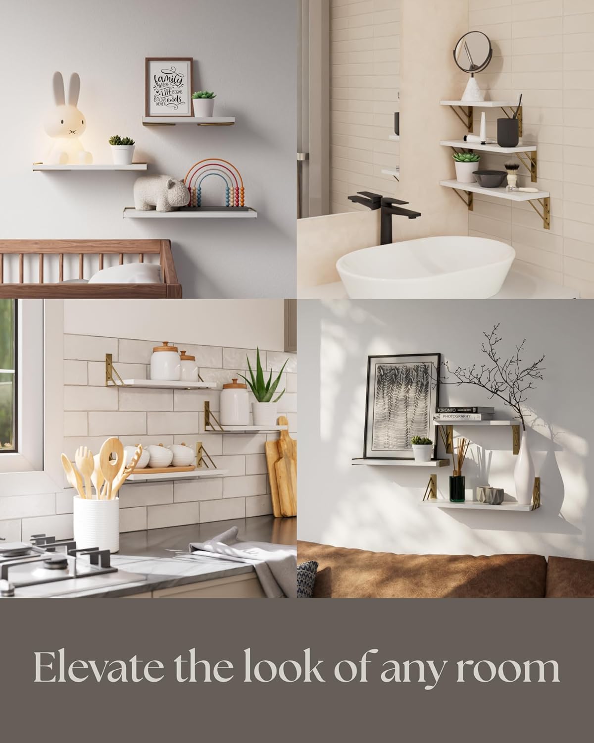 BAYKA Floating Wall Shelves Set of 3 White and Gold