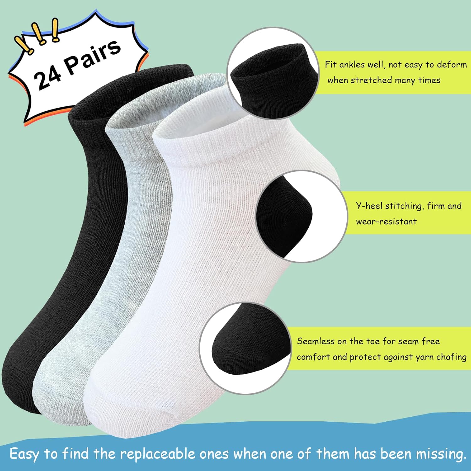 24 Pairs Kids Ankle Socks for Boys Girls