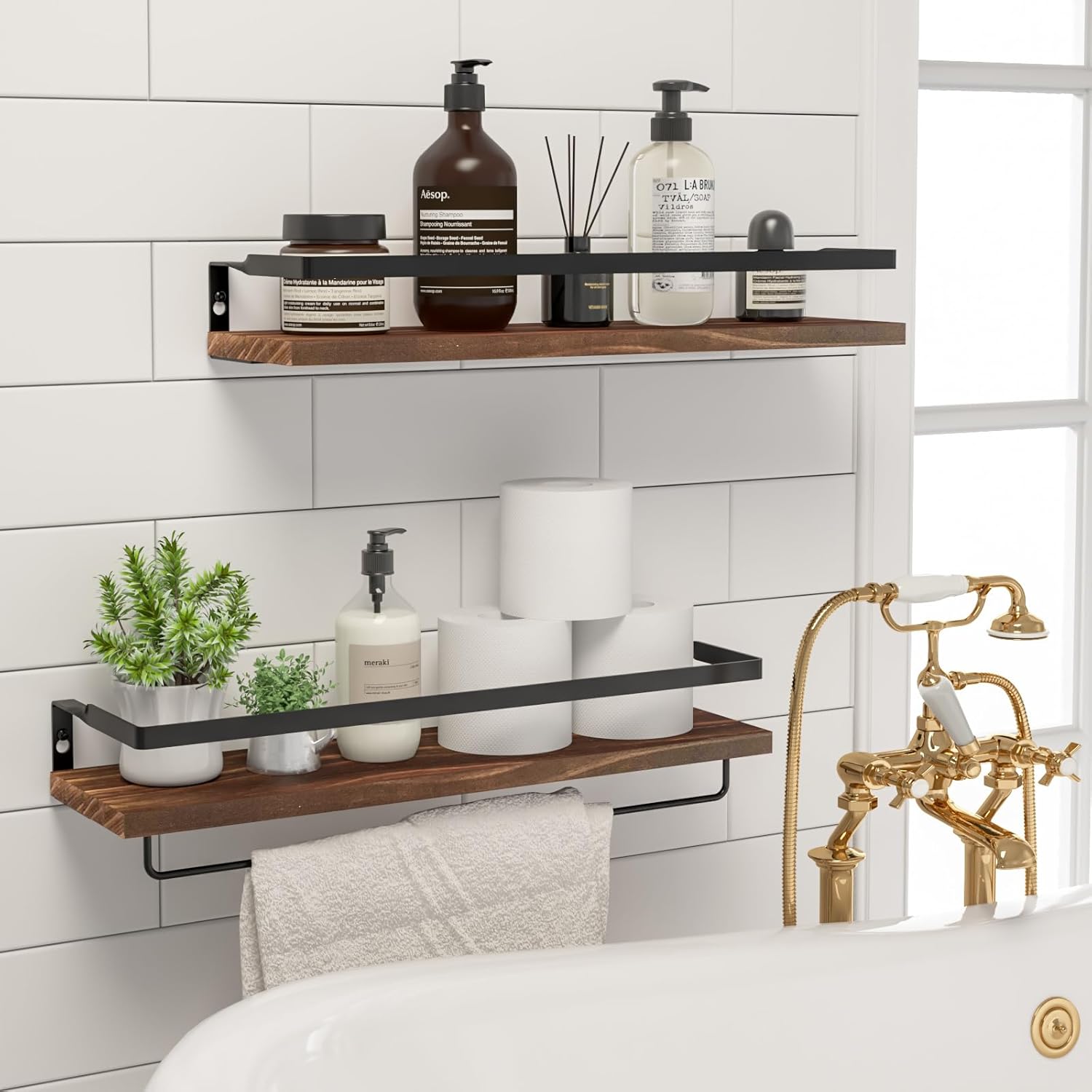 Floating Shelves with Towel Bar Set of 2 Brown 1