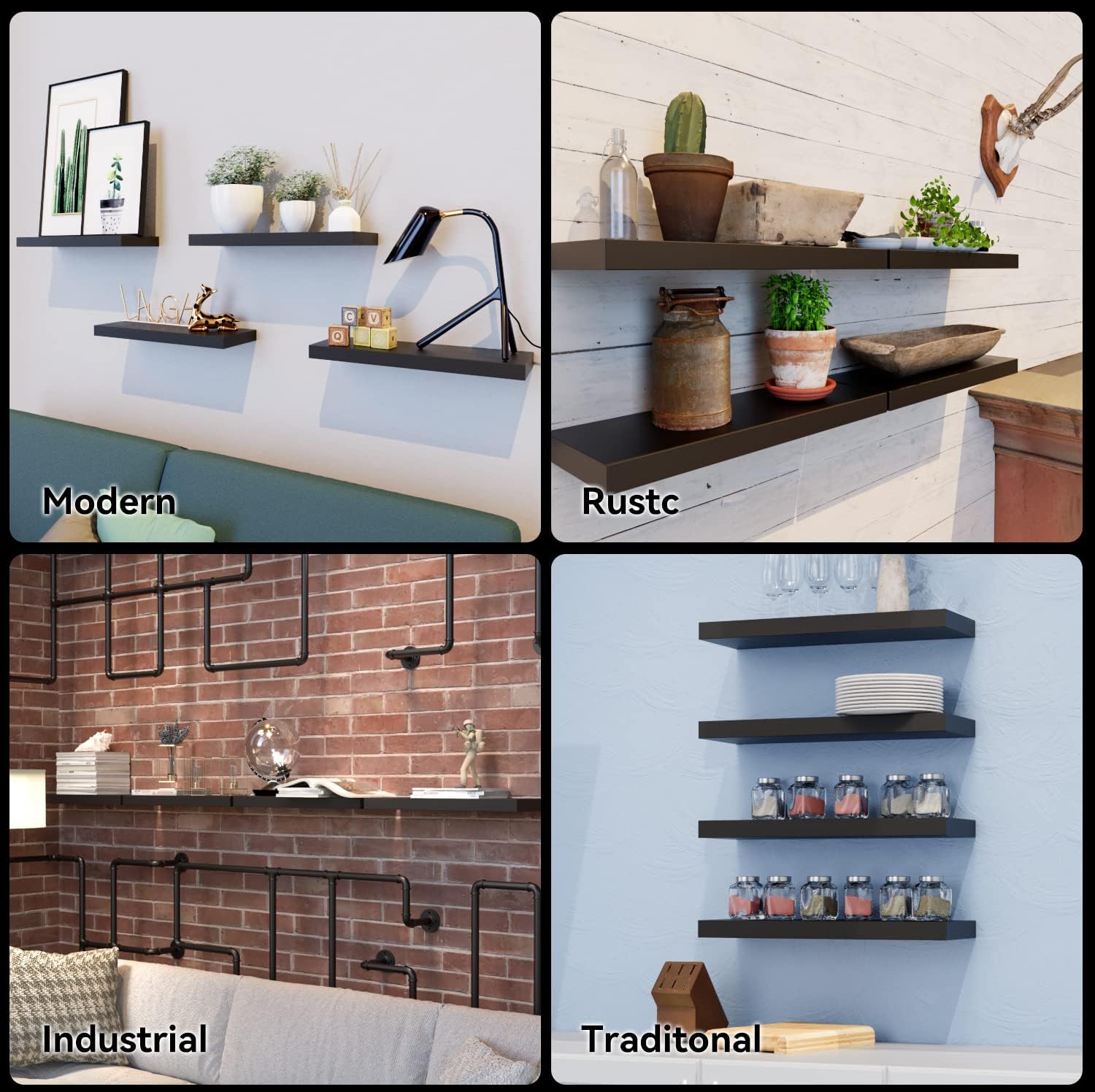 Boswillon 4-Pack Black Floating Shelves for Wall