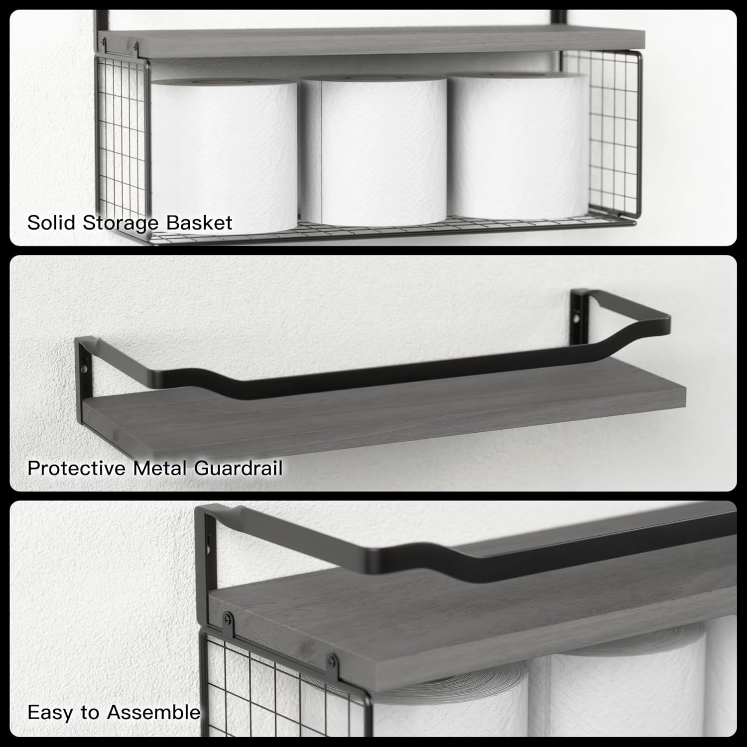 WOPITUES Floating Shelf with Wire Basket and Metal Guardrail