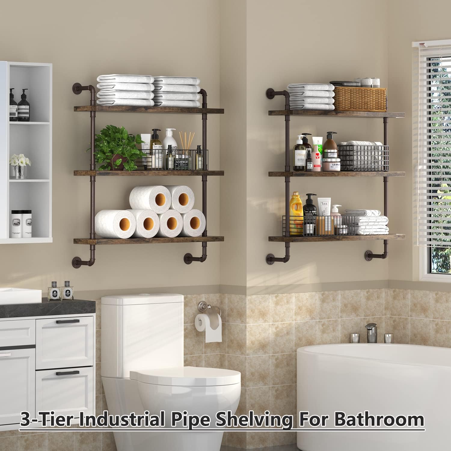 Helsin 3 Tier Industrial Pipe Shelf with Rustic Wood