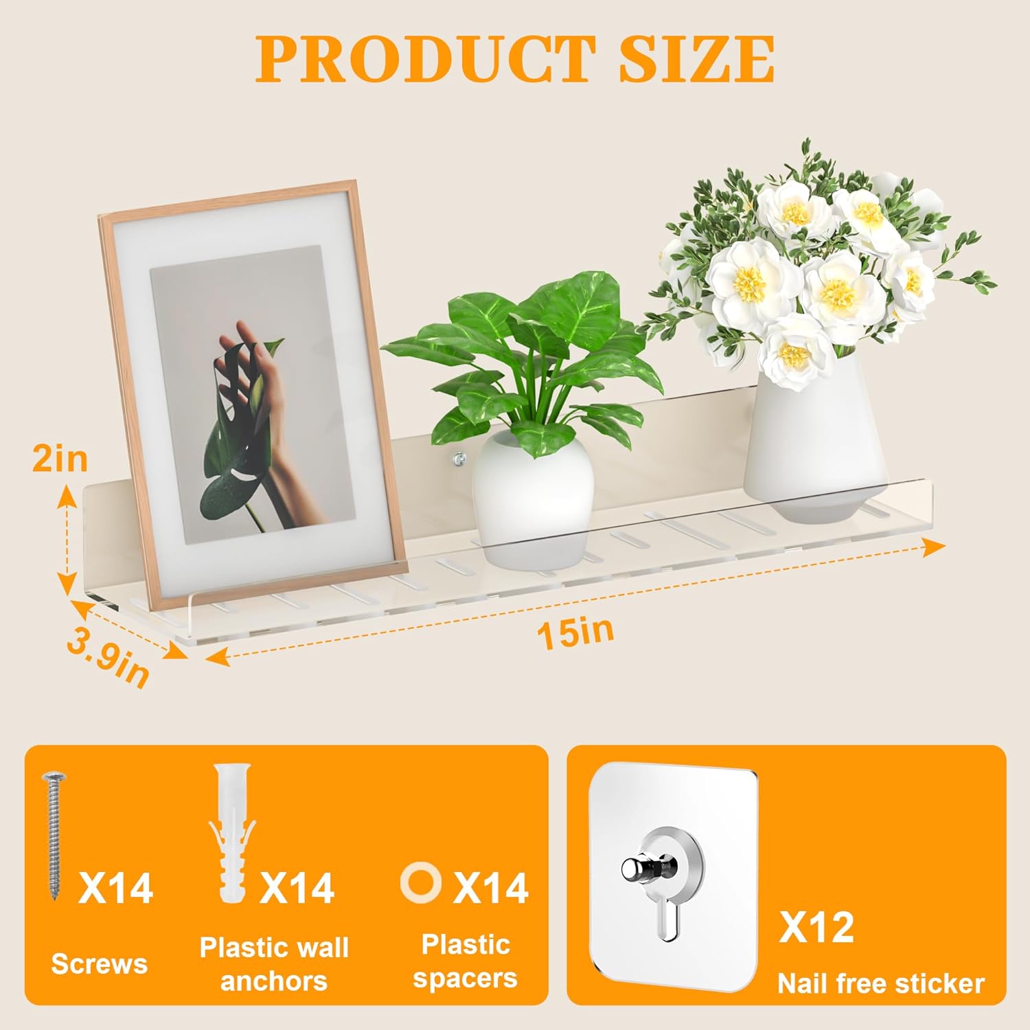 4-Pack Floating Shelves Wall Storage with Adhesive Hooks