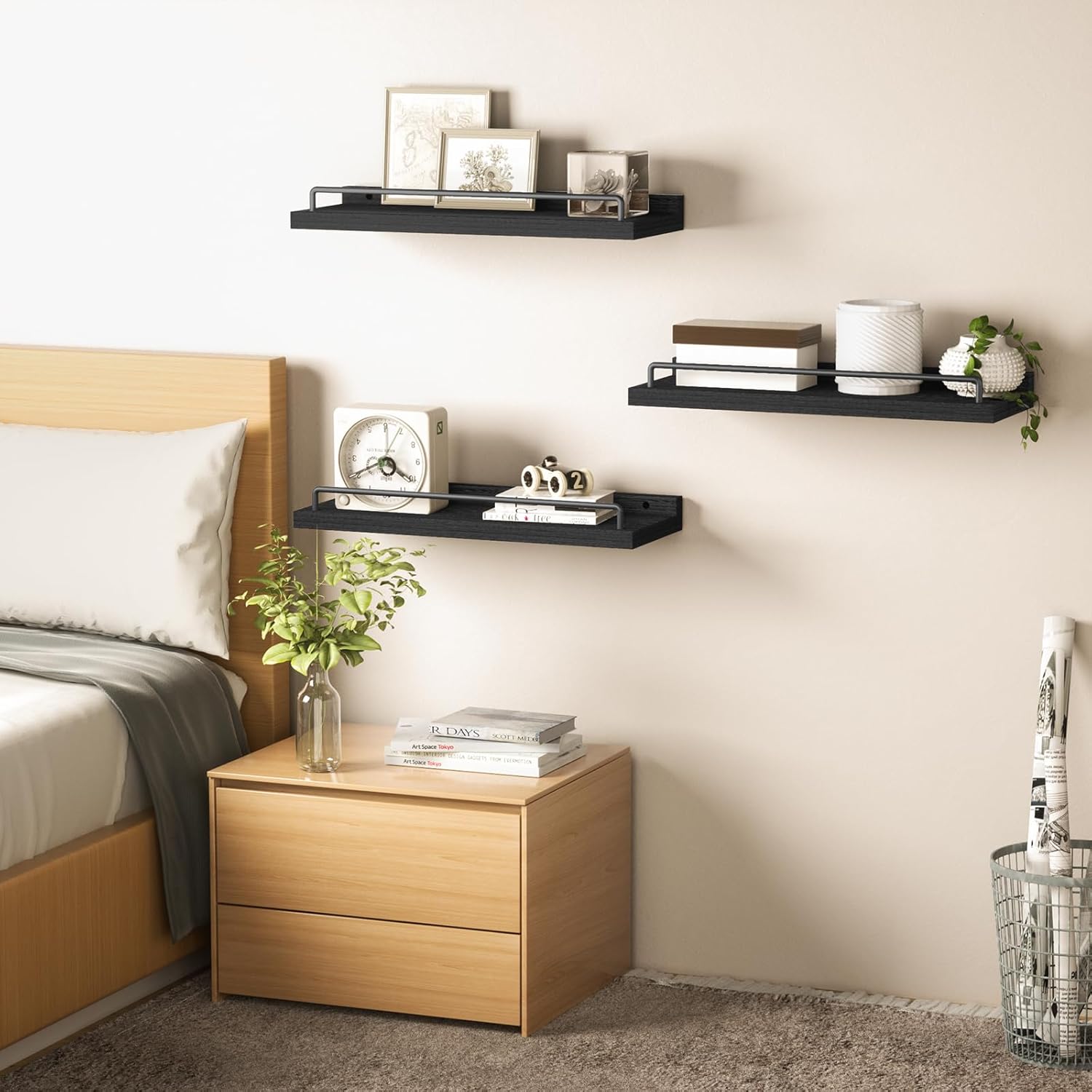 Floating Shelves for Wall Decor Black Set of 3