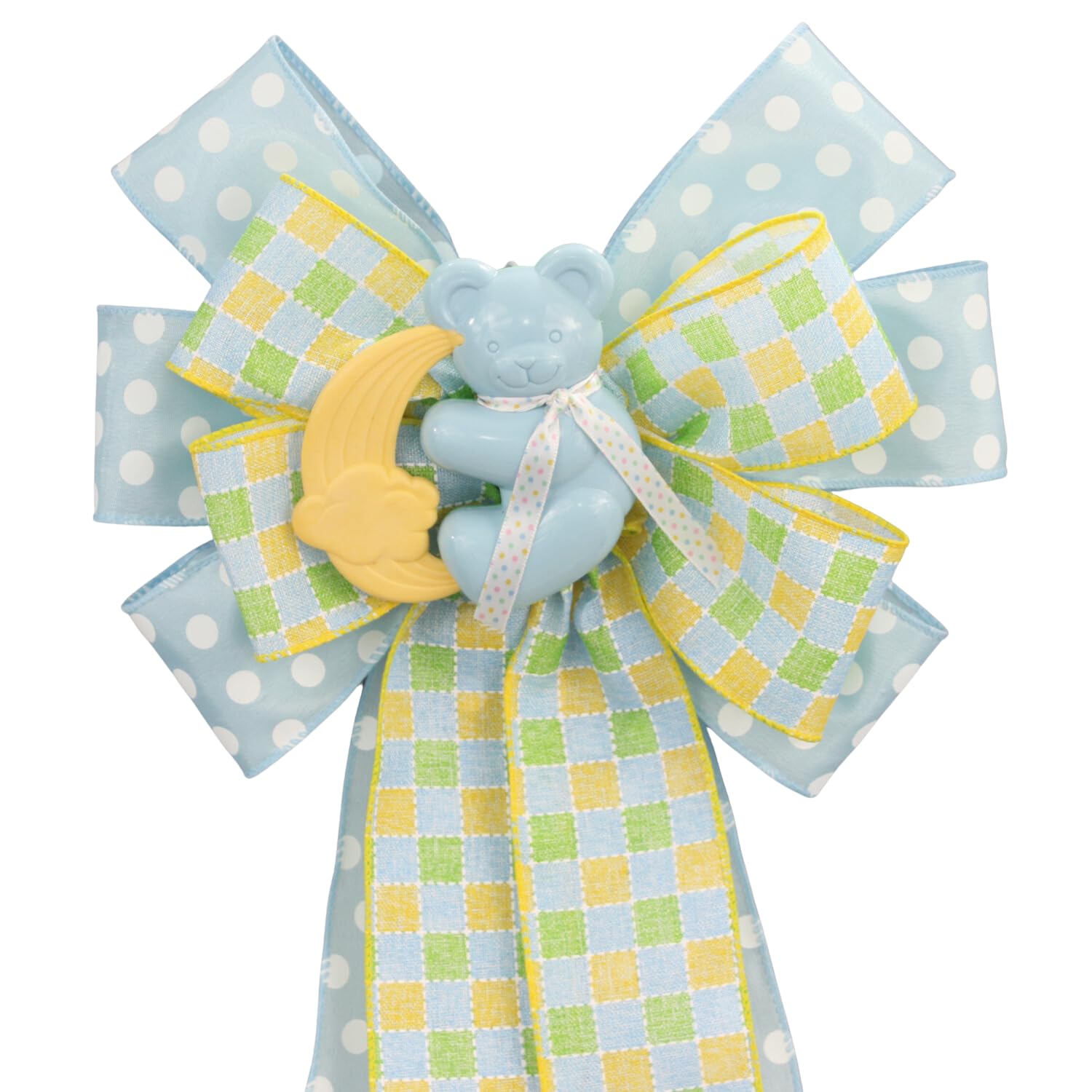 Blue Bear Rattle Dot Plaid Baby Shower Wreath Bow 1