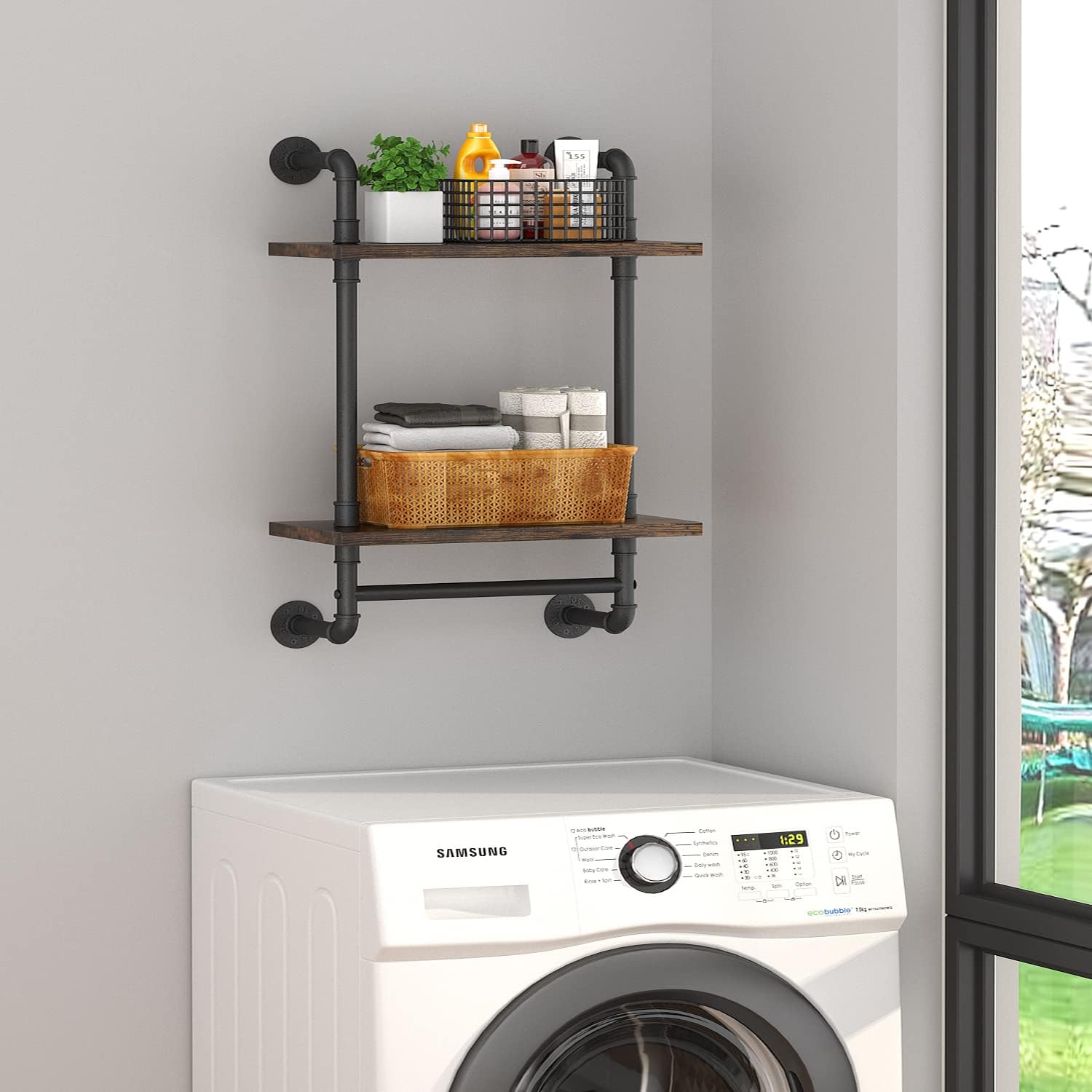 Helsin 2 Tier Industrial Pipe Floating Shelf with Towel Bar 1