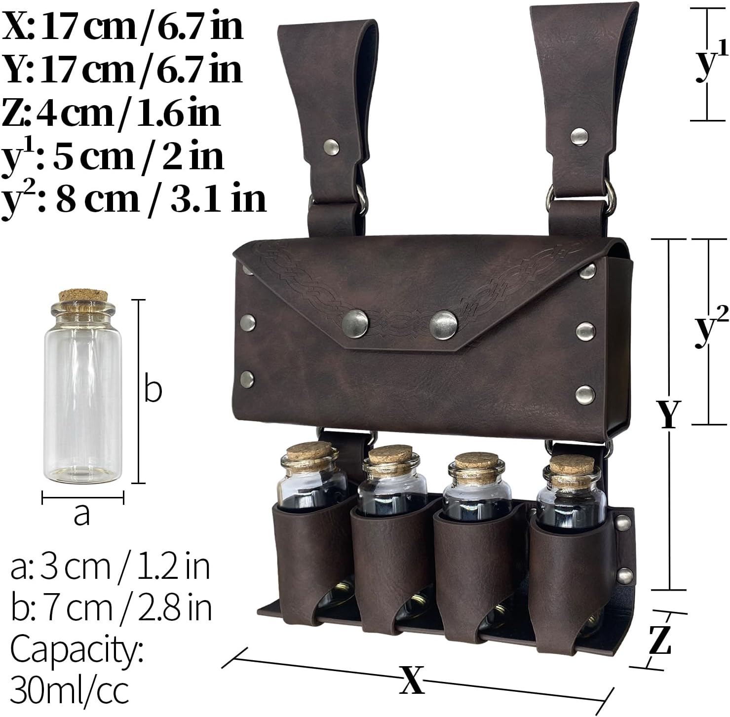 HiiFeuer Medieval Alchemy Belt Bag with 4 Cork Vials - Brown