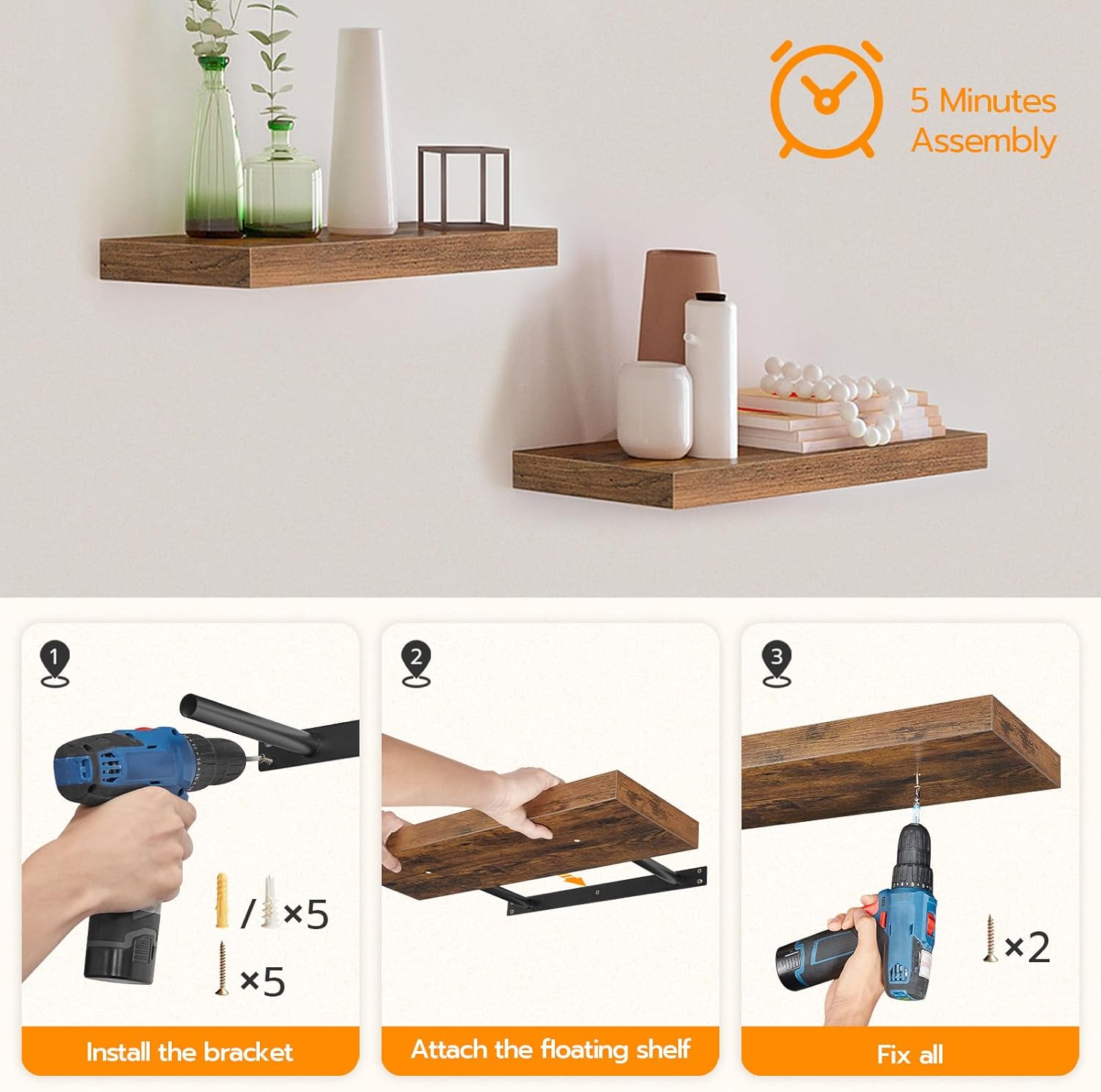HOOBRO Floating Shelves Set of 2 Rustic Brown