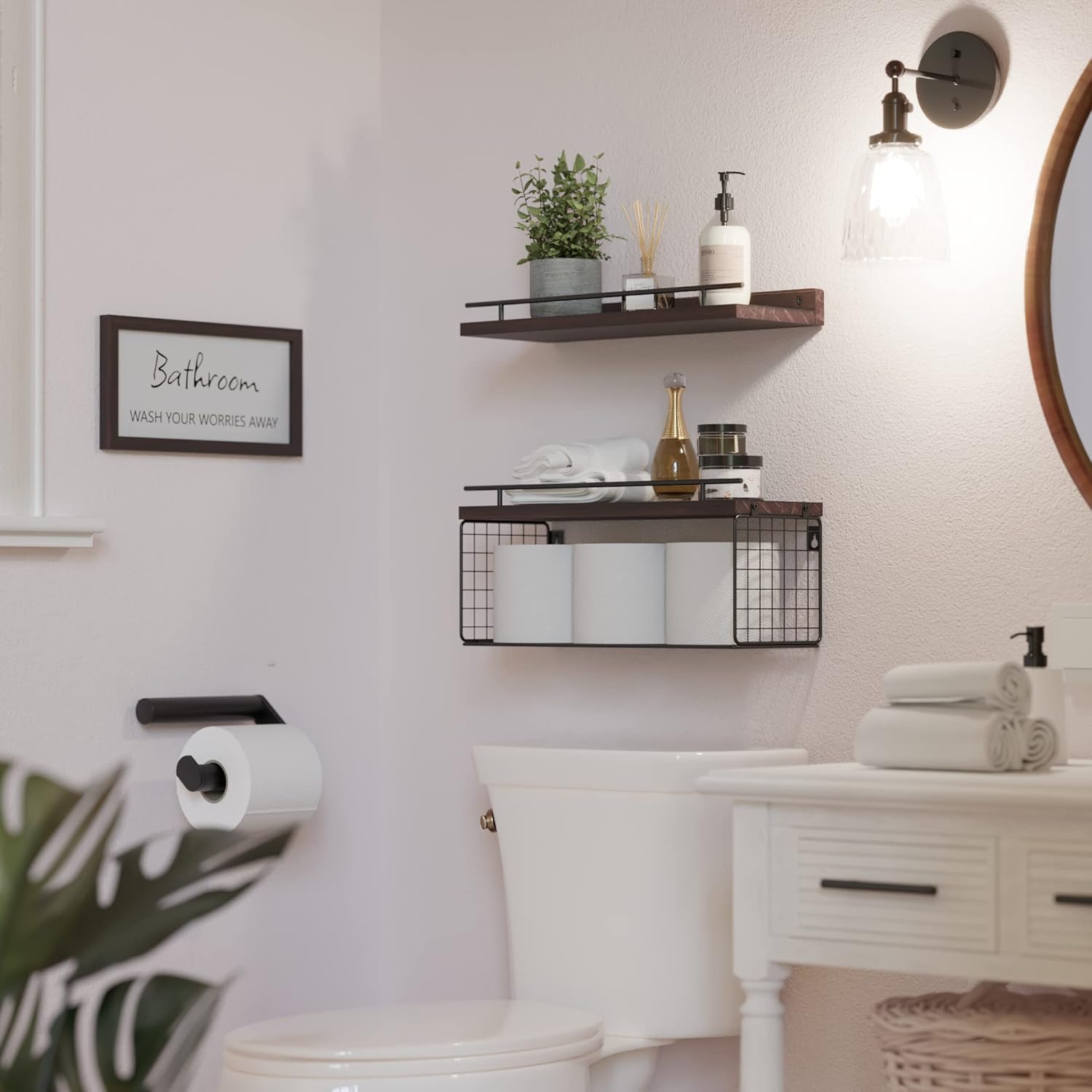 WOPITUES Floating Shelves Over Toilet with Basket and Guardrail - Rustic Brown