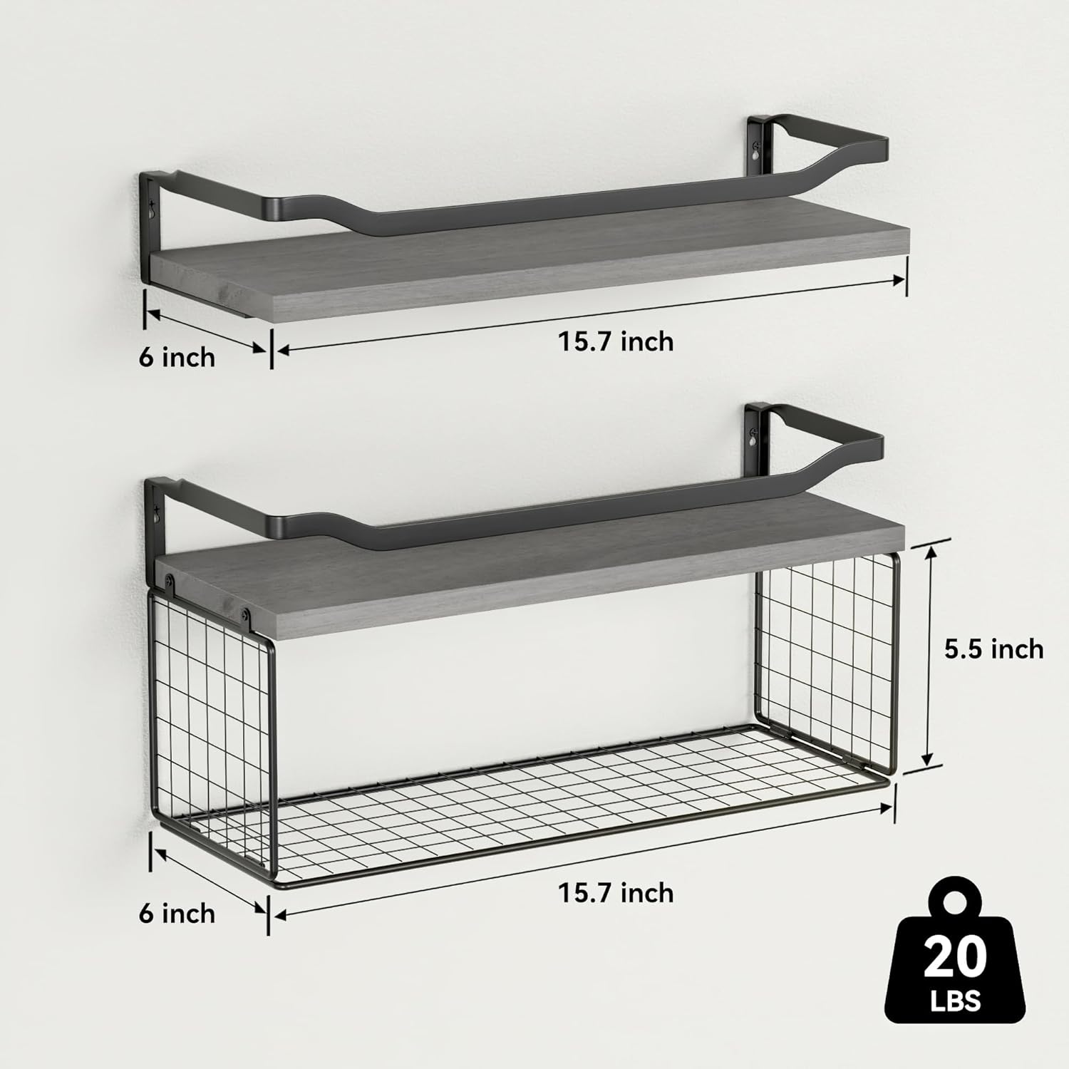 WOPITUES Floating Shelf with Wire Basket and Metal Guardrail