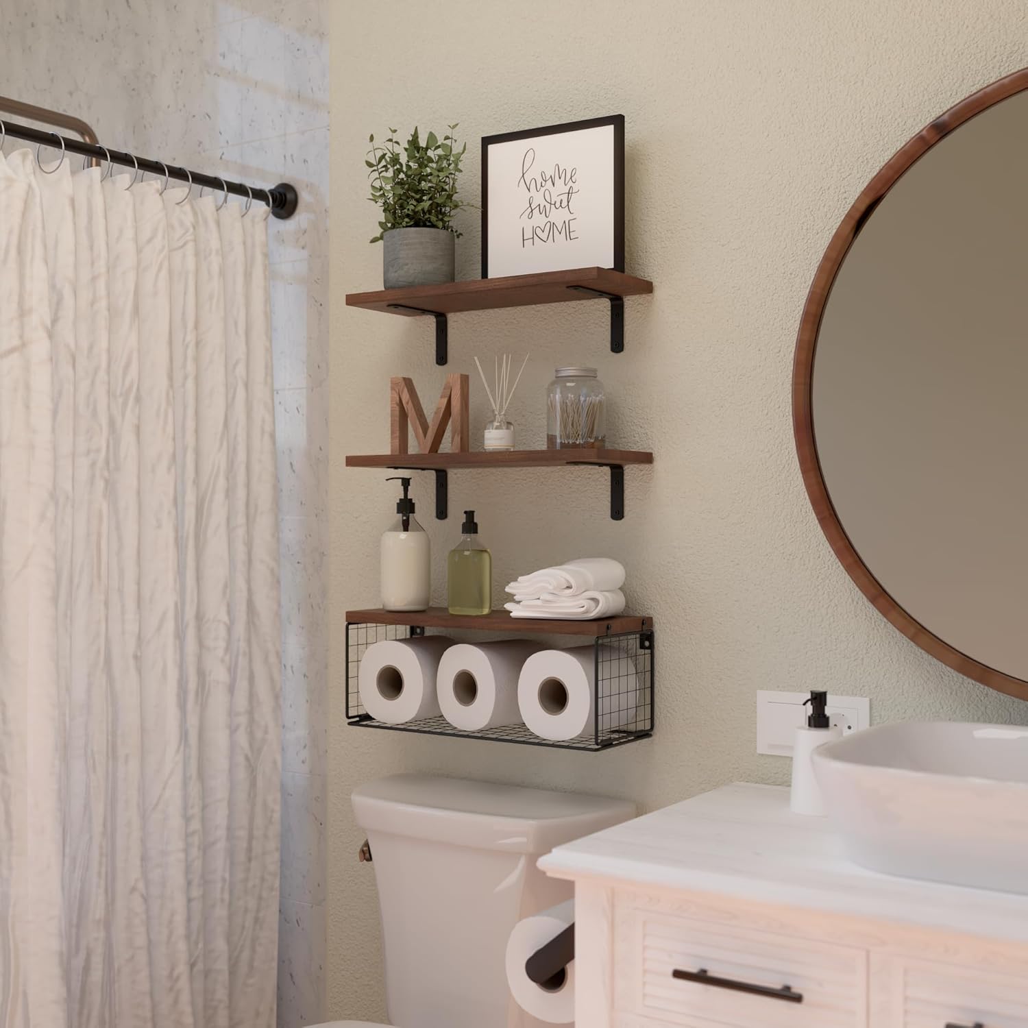 WOPITUES Floating Bathroom Shelf with Wire Basket