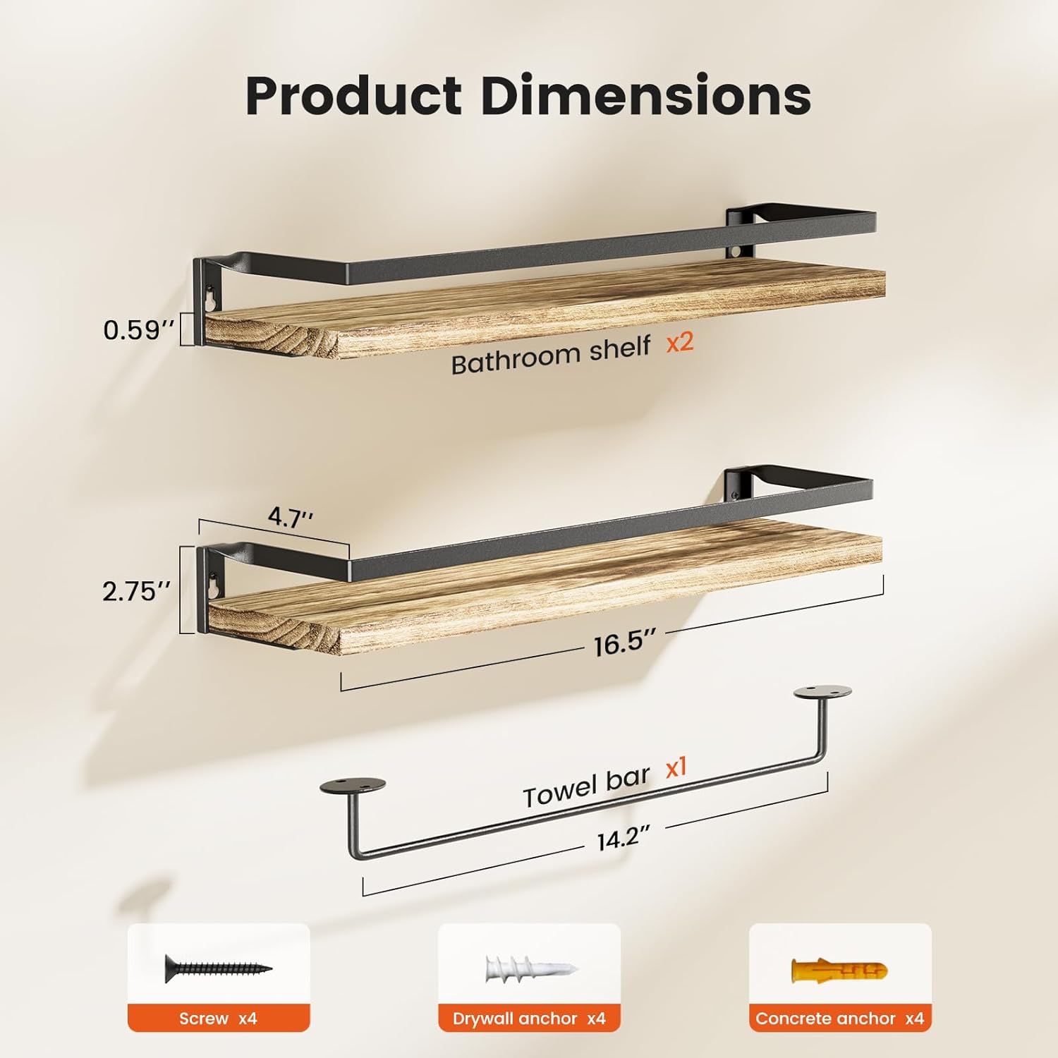 AMADA Bathroom Shelves Set of 2 with Towel Bar