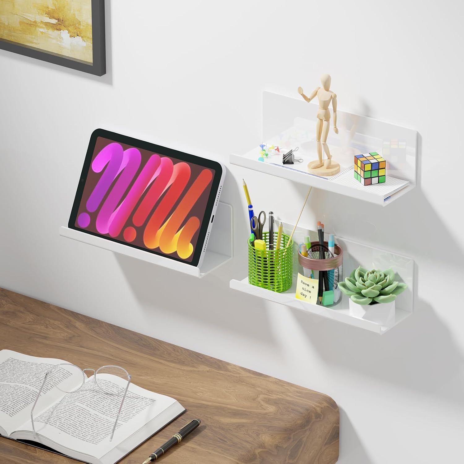 PAVSTINE Acrylic Floating Shelves Set of 2 White 12 Inch Adhesive No Drill