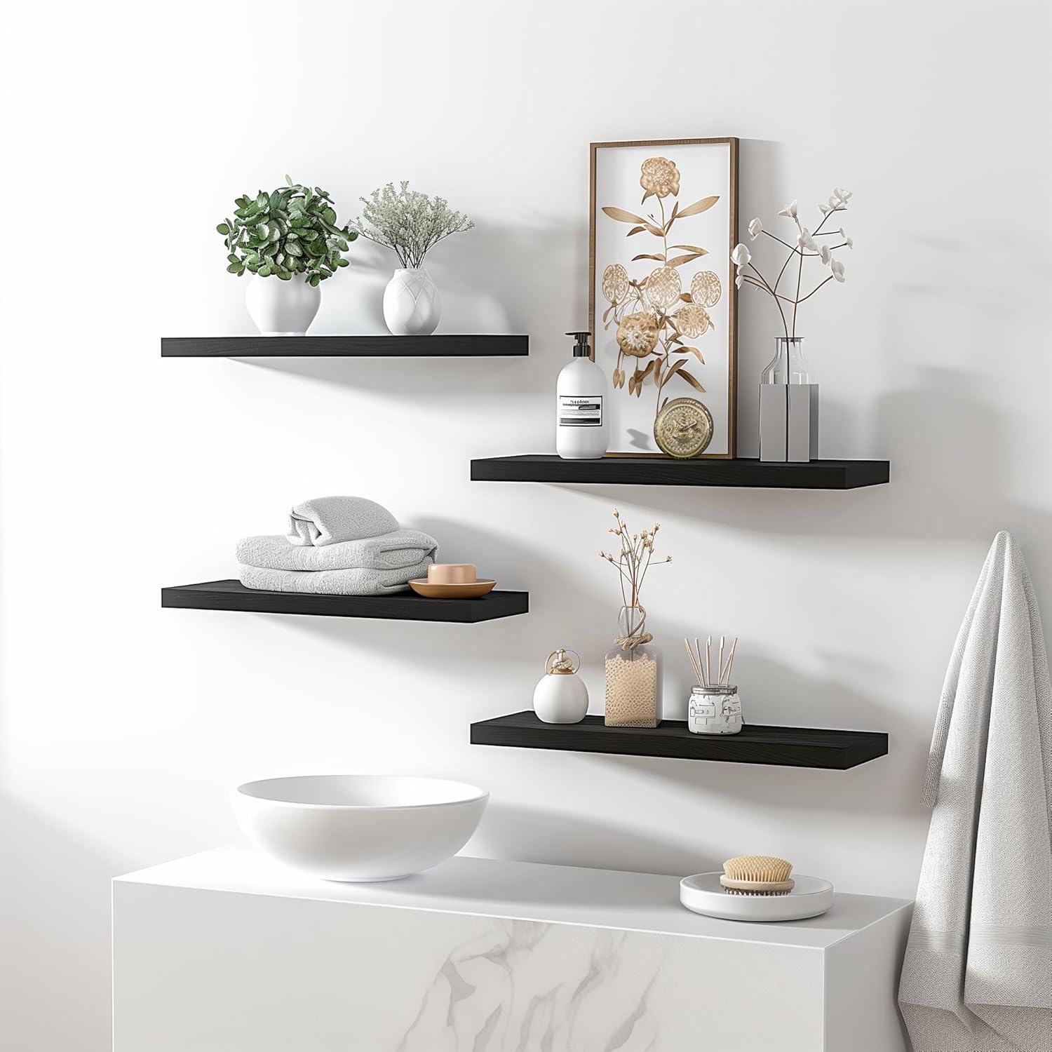 Wood Floating Shelves Set of 6 Black