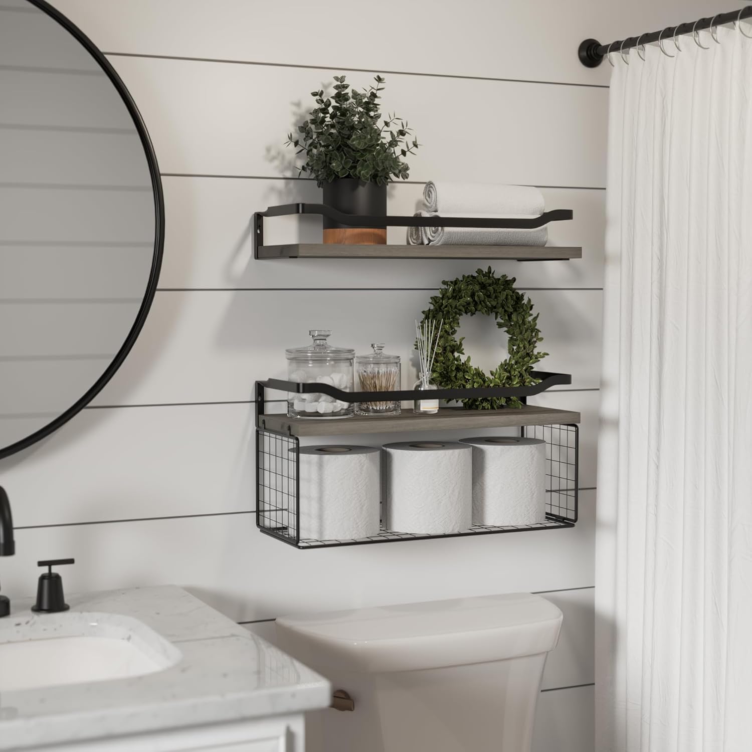WOPITUES Floating Shelf with Wire Basket and Metal Guardrail