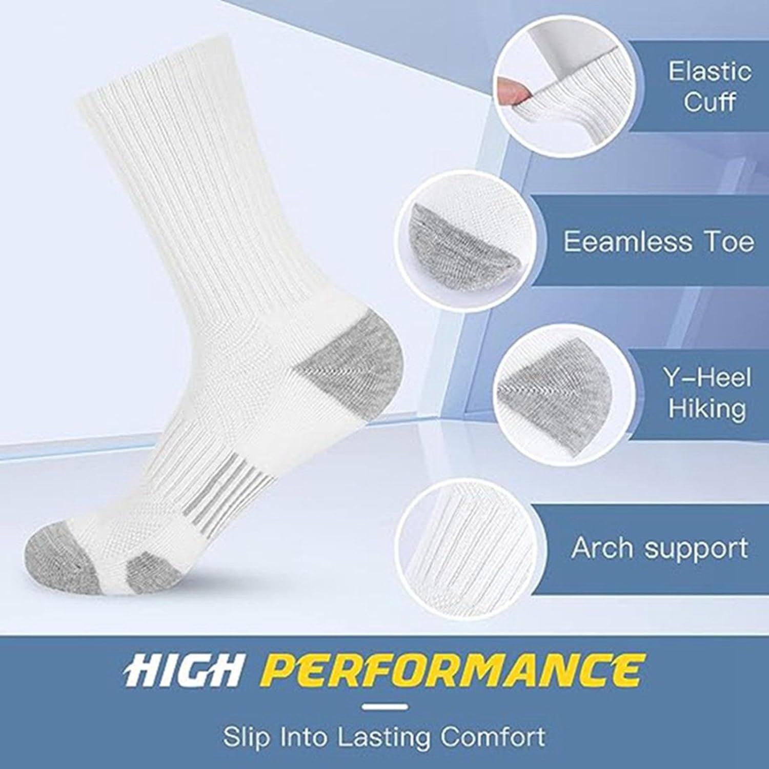 Mens Cushioned Crew Socks 5 Pairs White Low-Cut