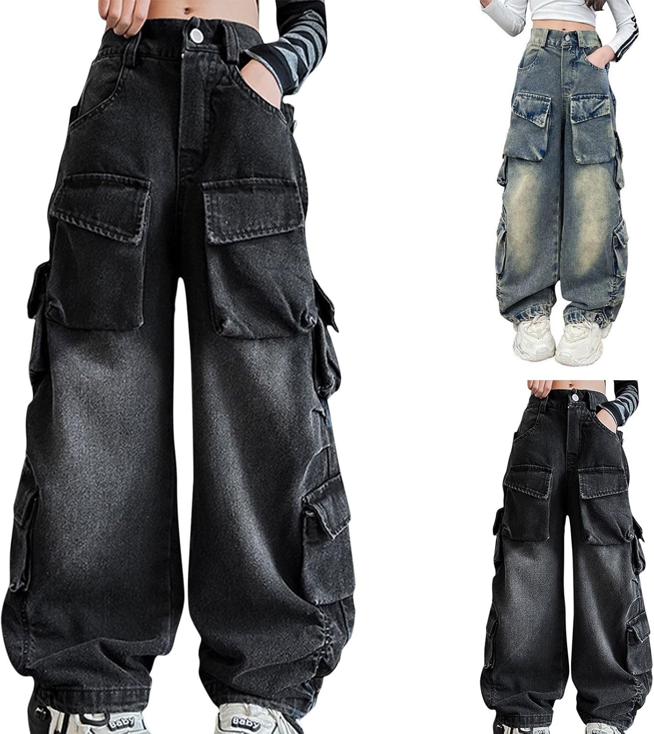 Girls Denim Cargo Pants Baggy Distressed Wide Leg Jeans with Elastic High Waist