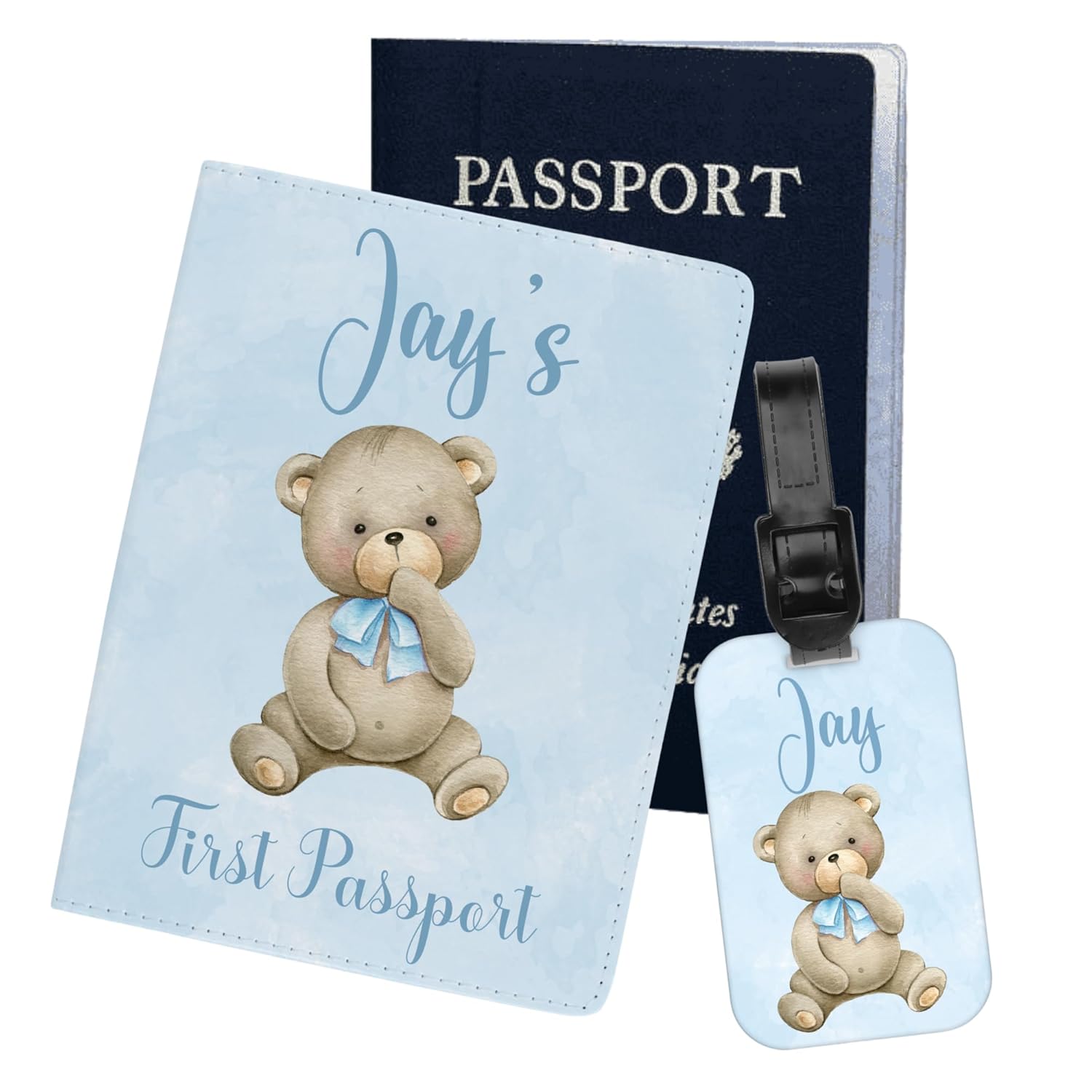 Personalized My First Passport Holder with Teddy Bear Design - Blue