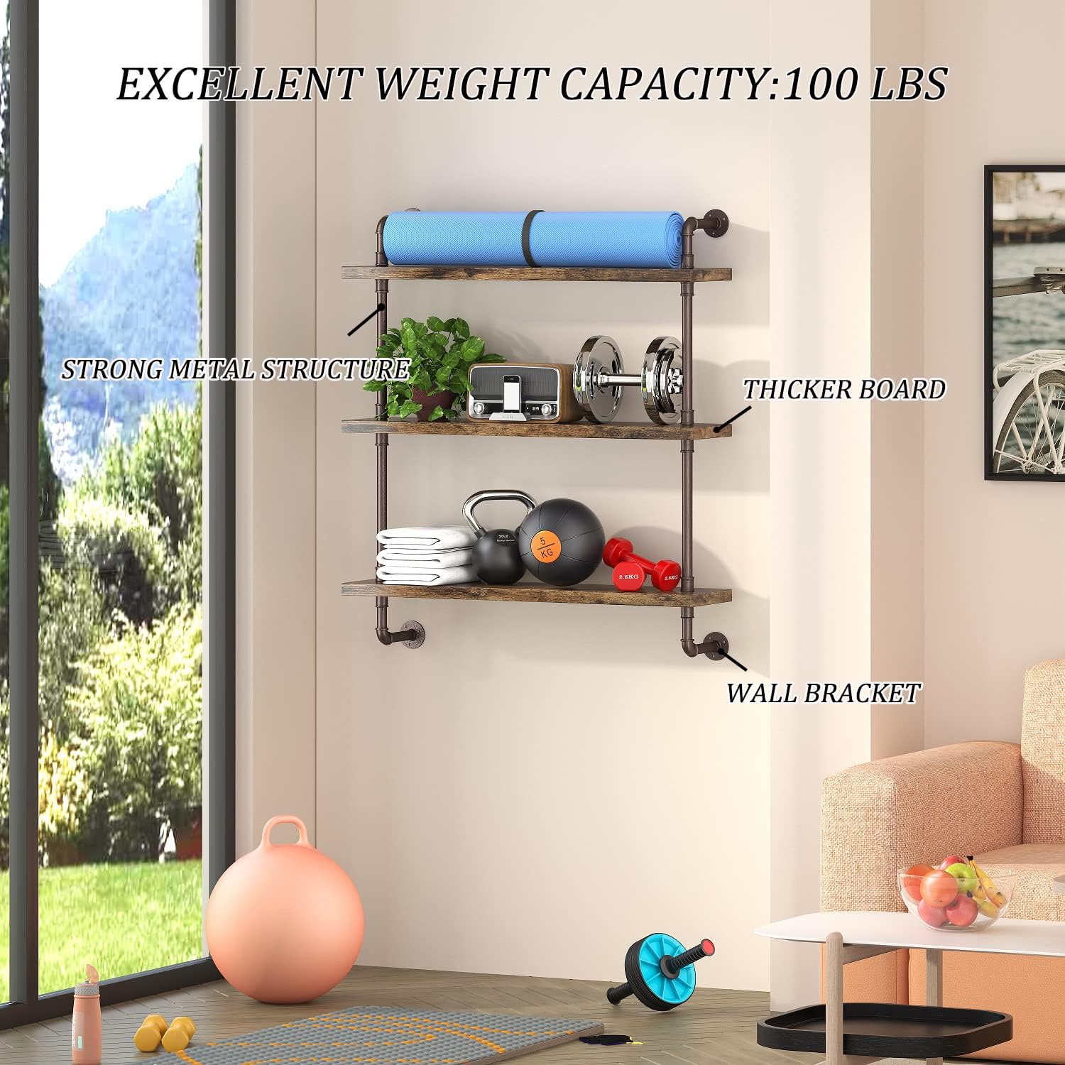 Helsin 3 Tier Industrial Pipe Shelf with Rustic Wood