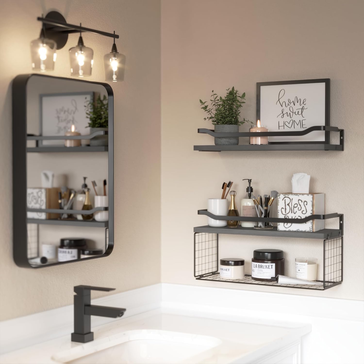 WOPITUES Floating Shelf with Wire Basket and Metal Guardrail