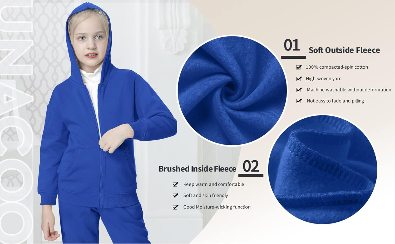 UNACOO Zip Up Hoodie Kids 3-12 Years Soft Fleece Sweatshirt