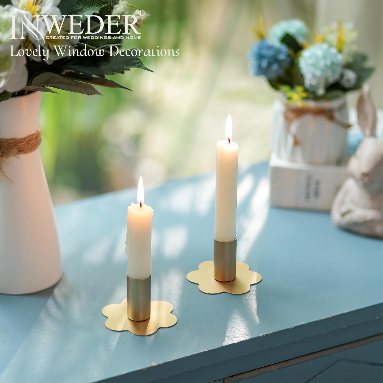 Inweder 6Pcs Gold Flower Candlestick Holders