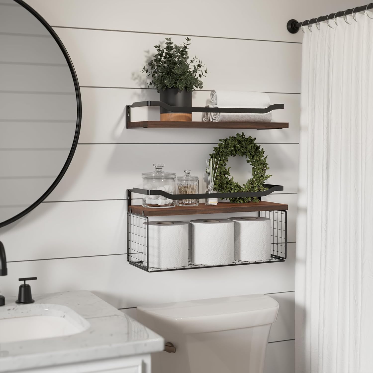 WOPITUES Floating Shelves with Wire Basket and Guardrail - Dark Brown
