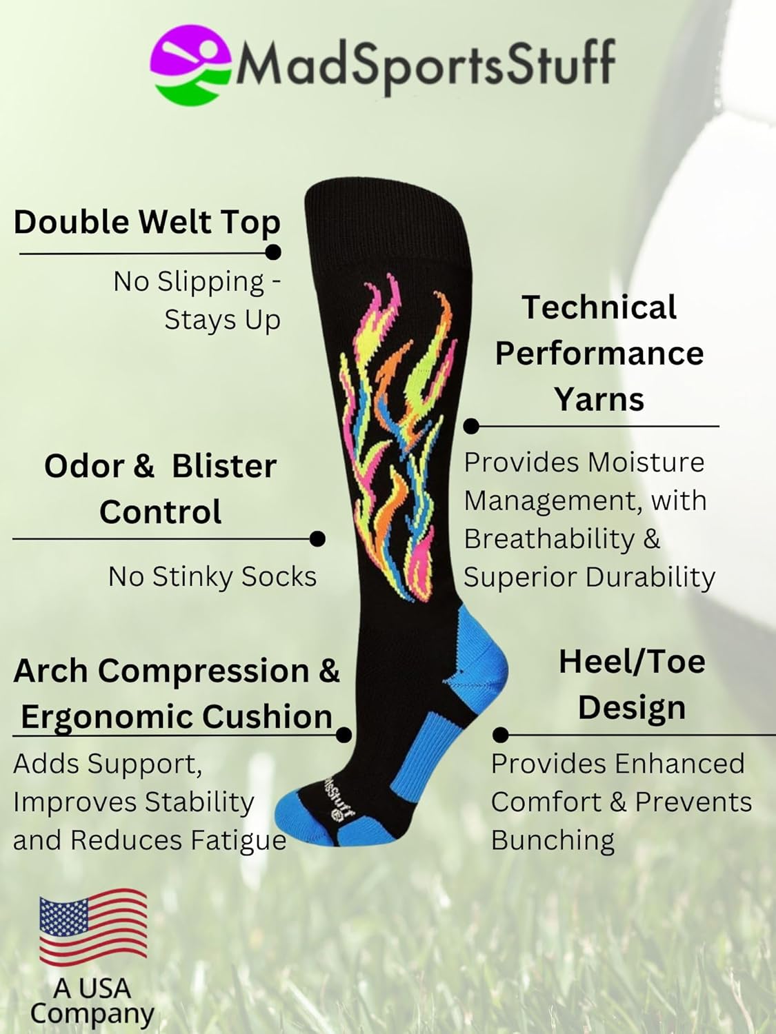 MadSportsStuff Fire Flame Soccer Socks for All Sizes