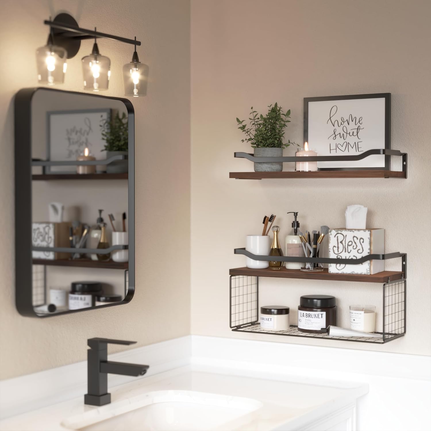 WOPITUES Floating Shelves with Wire Basket and Guardrail - Dark Brown