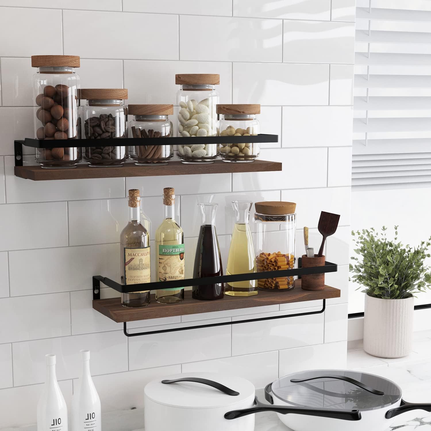 Floating Shelves with Towel Bar Set of 2 Brown 1