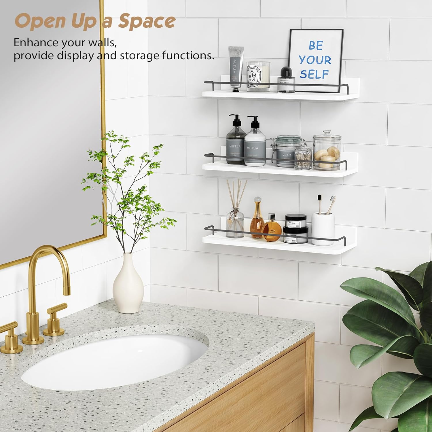 Forbena Floating Shelves Set of 3 Modern Wood Bathroom Storage