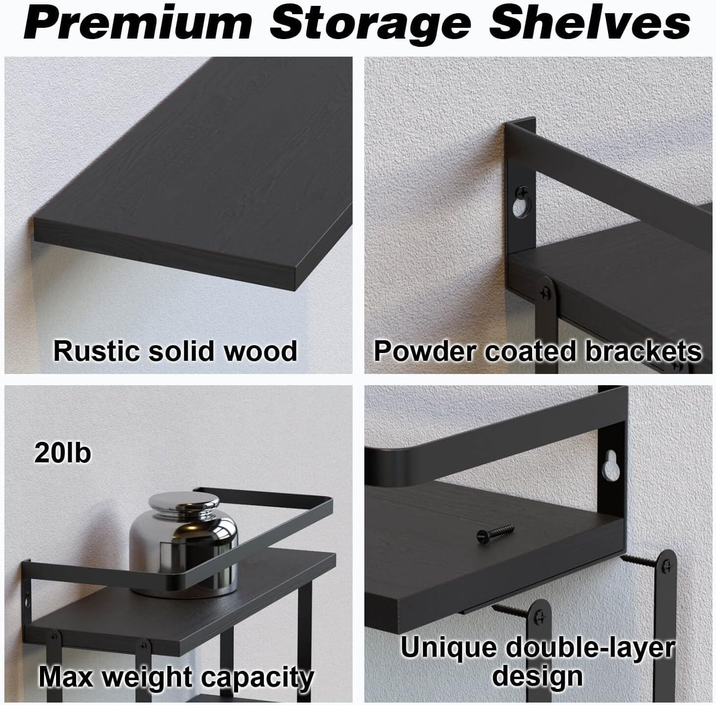 RICHER HOUSE 21 Tier Floating Wall Shelves Set of 2 - Black