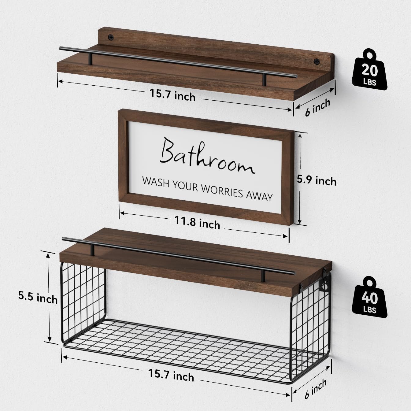 WOPITUES Floating Shelves Over Toilet with Basket and Guardrail - Rustic Brown