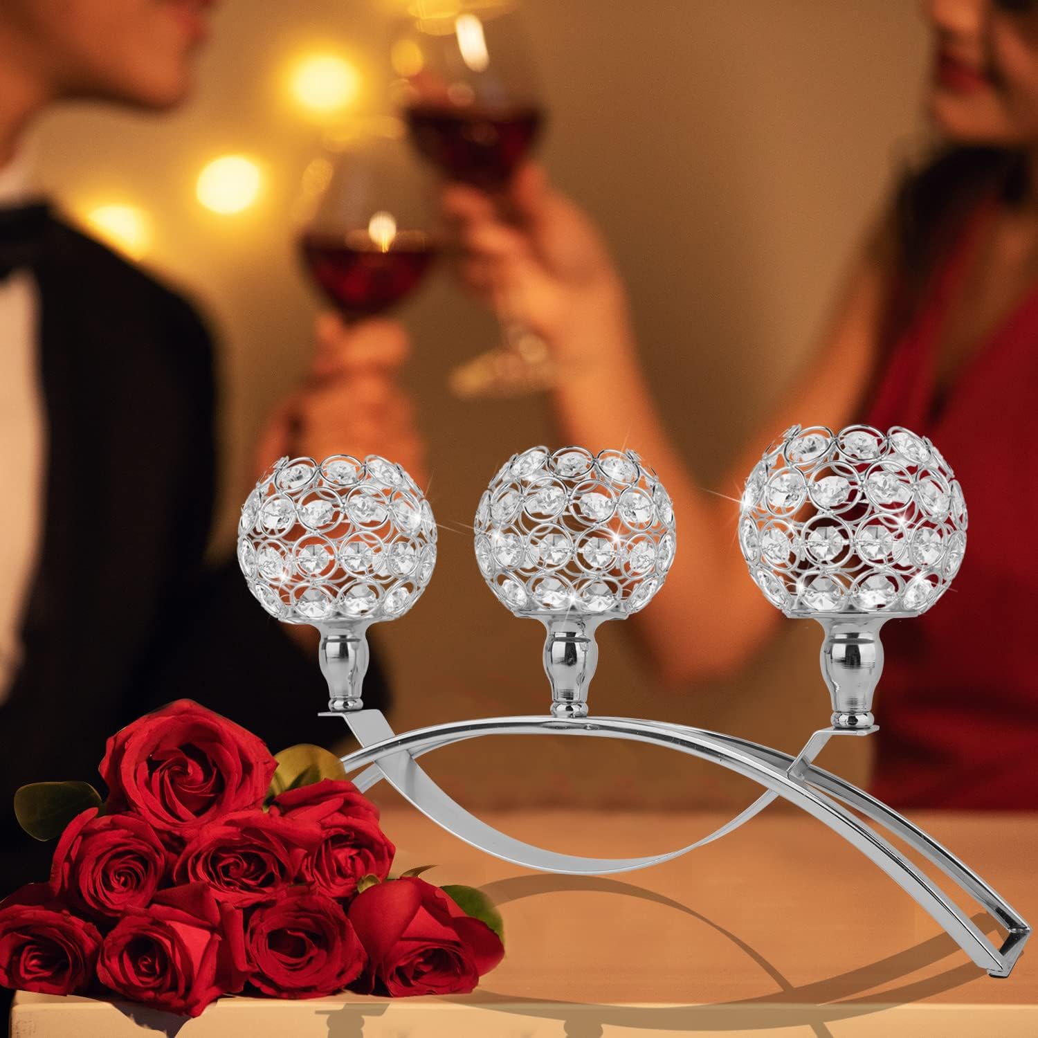 TISLYCO 3 Arms Crystal Candle Holders Silver